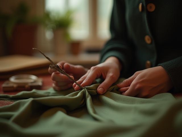 Artisan working on a bespoke silk garment in a sunlit studio, surrounded by natural fabrics and drawing tools