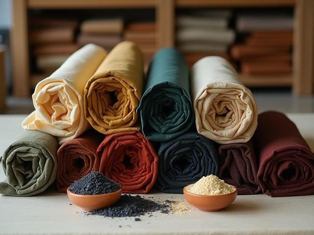 Rolls of ethically sourced natural dyed silk fabrics in various hues, with natural dyes in the foreground.